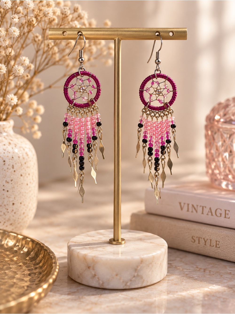 Source Unknown Pink and Black Dreamcatcher Dangle Earrings with Gold Accents